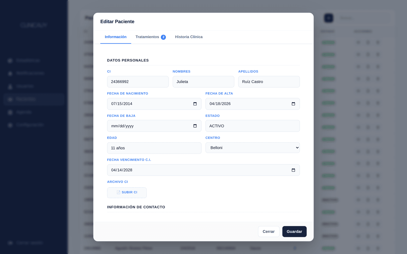 Ficha de paciente en ClinicaUY con datos personales y BPS